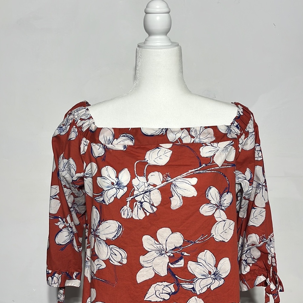 LOFT Outlet Burnt Orange Floral 3/4 Length Tie Sleeves Off-The Shoulder Blouse M - Picture 2 of 11